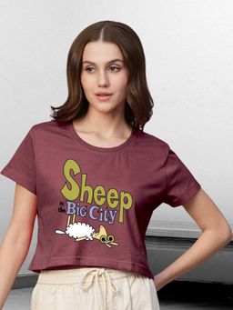 PRONK - Women Mauve Cotton Graphic Crop Top