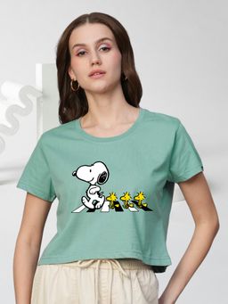 PRONK - Women Green Cotton Graphic Crop Top