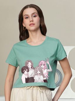 PRONK - Women Green Cotton Graphic Crop Top