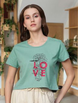 PRONK - Women Green Cotton Graphic Crop Top