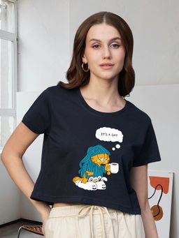 PRONK - Women Navy Blue Cotton Graphic T-shirt