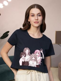 PRONK - Women Navy Blue Cotton Graphic Crop Top