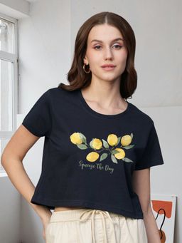 PRONK - Women Navy Blue Cotton Graphic T-shirt