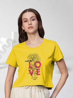 PRONK - Women Yellow Cotton Graphic T-shirt
