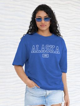 PRONK - Blue Alaska Heritage Women Oversized Graphic Printed Cotton T-Shirt