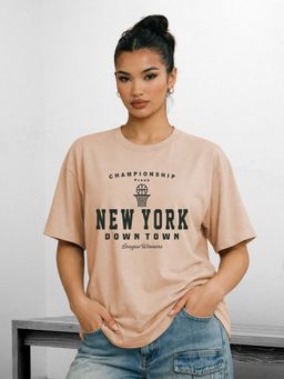 PRONK - Pink Downtown Champions Women Oversized Printed Street Style T-Shirt