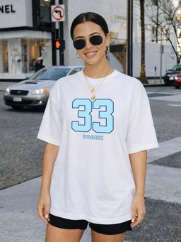 PRONK - White 33 State Women Oversized Graphic Printed Casual T-Shirt