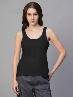 PRONK - Women Black Cotton Solid Tank Top