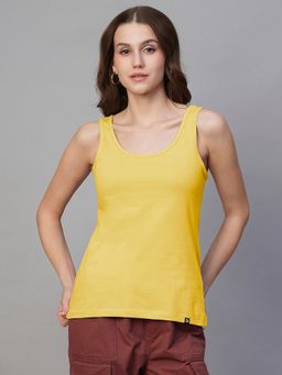 PRONK - Women Yellow Cotton Solid Tank Top