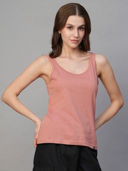 PRONK - Women Pink Cotton Solid Tank Top