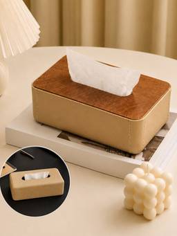 Aarvi Decor - Plastic Reversible Tissue Box Holder Wood and Leather Finish - Beige