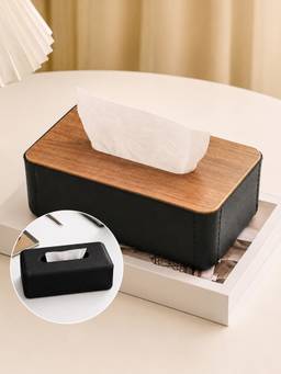 Aarvi Decor - Plastic Reversible Tissue Box Holder Wood and Leather Finish - Black