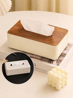 Aarvi Decor - Plastic Reversible Tissue Box Holder Wood and Leather Finish - White