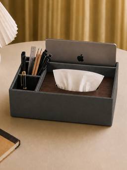 Aarvi Decor - Wooden Tissue Box with Storage Compartment With Suede Finish - Grey
