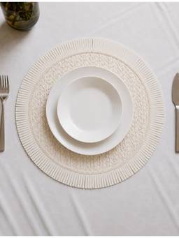 Aarvi Decor - Round PU Faux Leather Decorative Table Mat with Fringe Border - White
