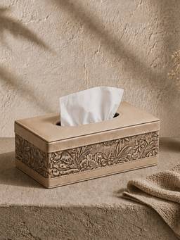 Aarvi Decor - Luxury Faux Leather Embossed Floral Leatherette Tissue Box - Beige