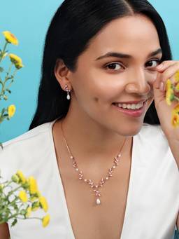 Zavya - White Stone Leaf Drop Rose Gold Plated 925 Silver Necklace Set