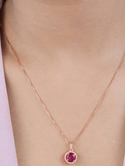 Zavya - Solitaire Halo Ruby Rose Gold Plated 925 Silver Necklace