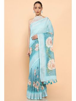 Soch - Women Turquoise Linen Floral Saree with Unstitched Blouse
