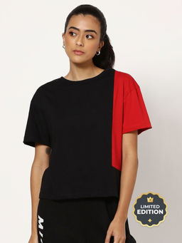 Bewakoof - Official Disney Women's Black & Red Smiling Mickey Graphic Printed Oversized Short Top