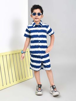 YOUMAA - Boys Navy Blue Stripes Shirt with Shorts