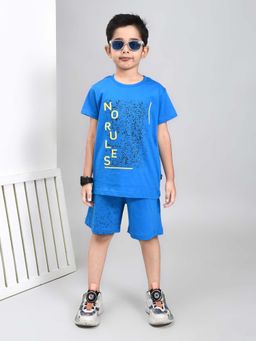 YOUMAA - Boys Blue Printed T-Shirt with Shorts