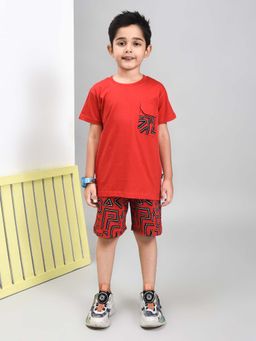 YOUMAA - Boys Red Printed T-Shirt with Shorts