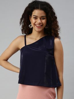 SHOWOFFFF - Women One Shoulder Sleeveless Solid Navy Blue Top