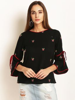 RARE - Women Black Embriodred Floral Top