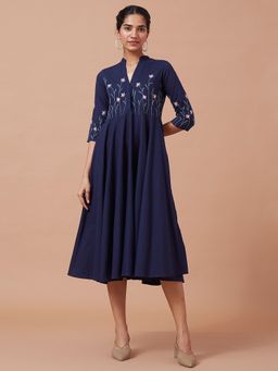 Okhai - Navy Blue Blooming Garden Pure Cotton Hand Embroidered Mirror Work Dress