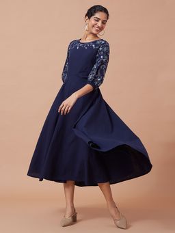 Okhai - Navy Blue Joyous Pure Cotton Hand Embroidered Mirror Work Dress
