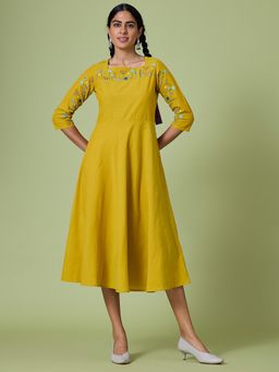 Okhai - Yellow Blooms Pure Cotton Hand Embroidered Mirror Work Dress