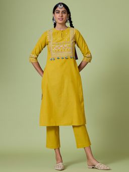 Okhai - Yellow Magical Music Pure Cotton Hand Embroidered Mirror Work Kurta Pant (Set of 2)