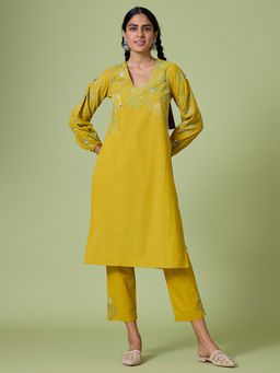 Okhai - Yellow Daisy Pure Cotton Hand Embroidered Mirror Work Kurta Pant (Set of 2)