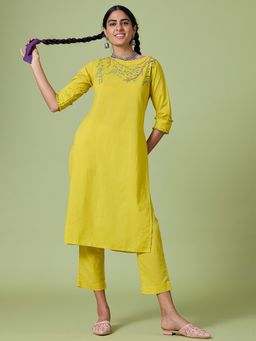 Okhai - Yellow Sunshine Pure Cotton Hand Embroidered Kurta Pant (Set of 2)