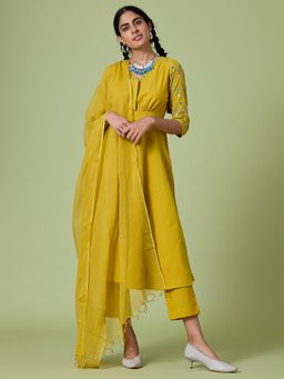 Okhai - Yellow Chemistry Pure Cotton Hand Embroidered Mirror Work Kurta Pant Dupatta (Set of 3)