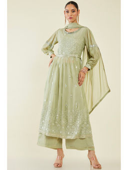Soch - Women Green Georgette Embroidered Suit (Set of 3)