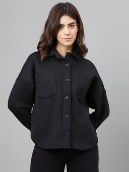 Xpose - Women Black Comfort Spread Collar Casual Fleece Shacket