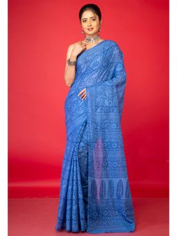 Unnati Silks - Blue Pure Block Printed Superfine Mulmul Cotton Saree with Unstitched Blouse