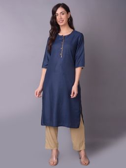 Shree - Women Muslin Navy Blue Solid Kurta