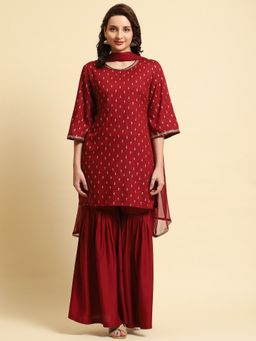 Shree - Women Rayon Maroon Printed Kurta With Sharara And Dupatta (Set Of 3)