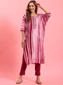 Shree - Women Rayon Burgundy Tie Dye Printed Kurta With Trouser (Set Of 2)