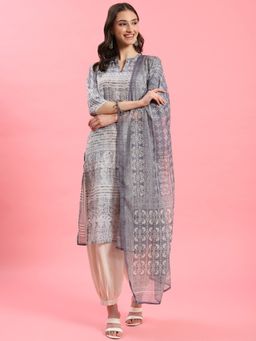 Shree - Women Muslin Grey Abstract Printed Kurta With Harem Pant And Dupatta (Set Of 3)