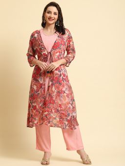 Shree - Women Poly Viscose Pink Solid Kurta With Printed Jacket And Comfort Pant (Set Of 3)