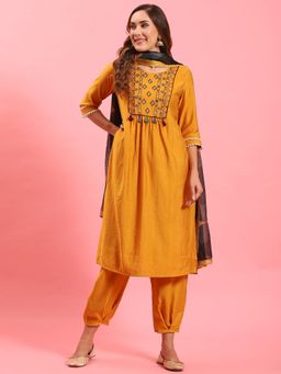 Shree - Women Polyester Mustard Embroidered Kurta With Harem Pant And Dupatta (Set Of 3)