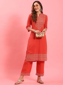 Shree - Women Cotton Orange Geometric Printed Kurta With Comfort Pant (Set Of 2)