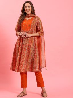 Shree - Women Muslin Orange Ornamental Printed Kurta With Trouser And Dupatta (Set Of 3)