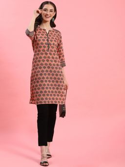 Shree - Women Muslin Peach Ornamental Printed Kurti