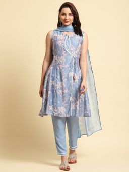 Shree - Women Chanderi Blue Floral Printed Kurta With Trouser And Dupatta (Set Of 3)