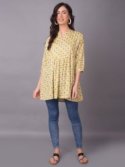 Shree - Women Rayon Off White Mustard Geometric Printed Tunic